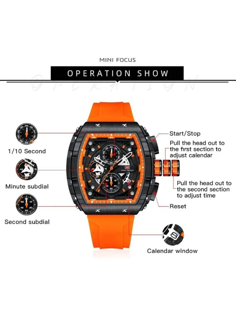 Men's Orange Silicon Strap Quartz Chronograph Waterproof Luminous Tonneau Watch